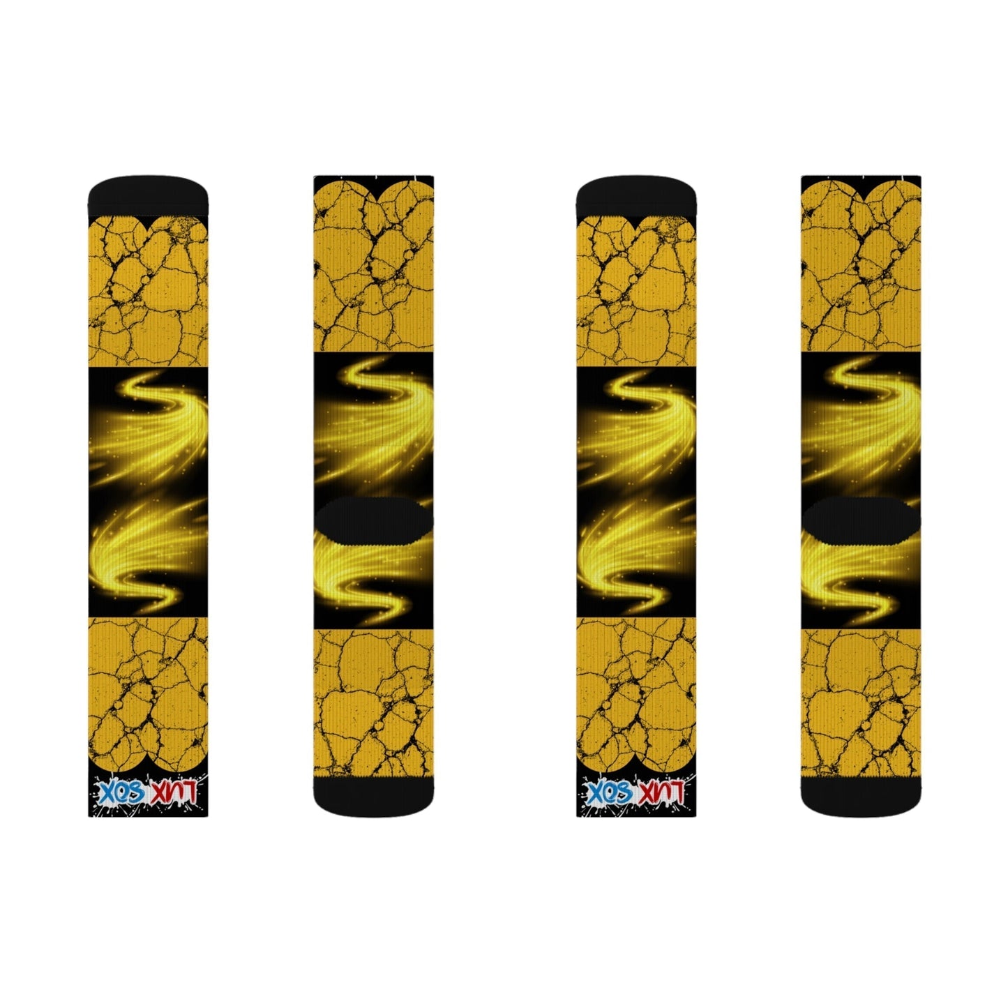 Bold Strides Black & Yellow DesignStep up your sock game with these bold Black and Yellow All-Over Print Designer Socks! Crafted with 95% polyester and 5% spandex, these socks combine comfort and durAll Over Prints