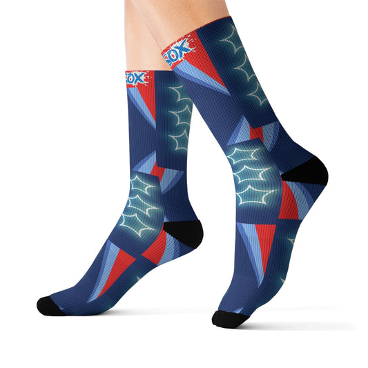 Royal Bloom Luxe SoxElevate your sock game with the "Royal Bloom Luxe Sox." Featuring a bold red and blue all-over print design, these socks combine premium comfort with unparalleled stAll Over Prints