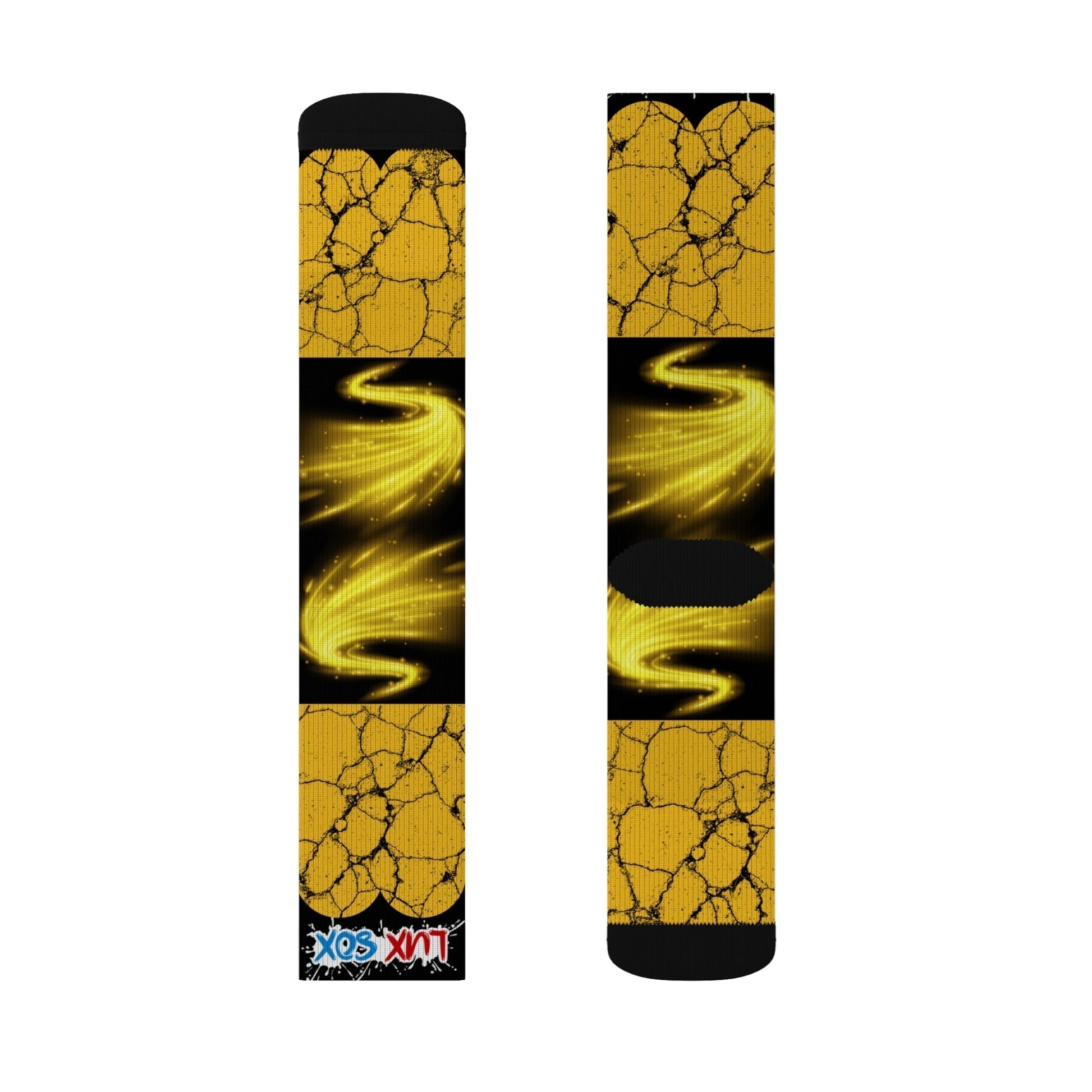 Bold Strides Black & Yellow DesignStep up your sock game with these bold Black and Yellow All-Over Print Designer Socks! Crafted with 95% polyester and 5% spandex, these socks combine comfort and durAll Over Prints